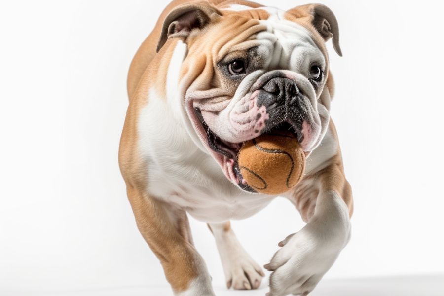 Bulldog is running and fetching during playtime.